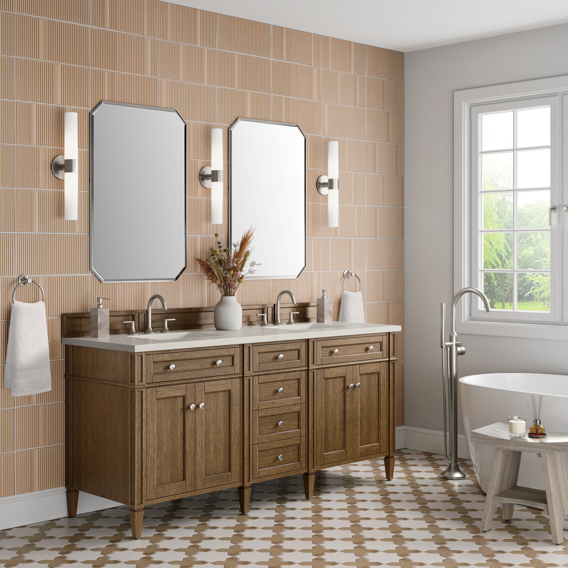 Renovate for Less Atlanta Brittany 72" Double Vanity, Saddle Brown, w/ 3 CM Siberian Silestone Top w/FreePower Wireless Charger