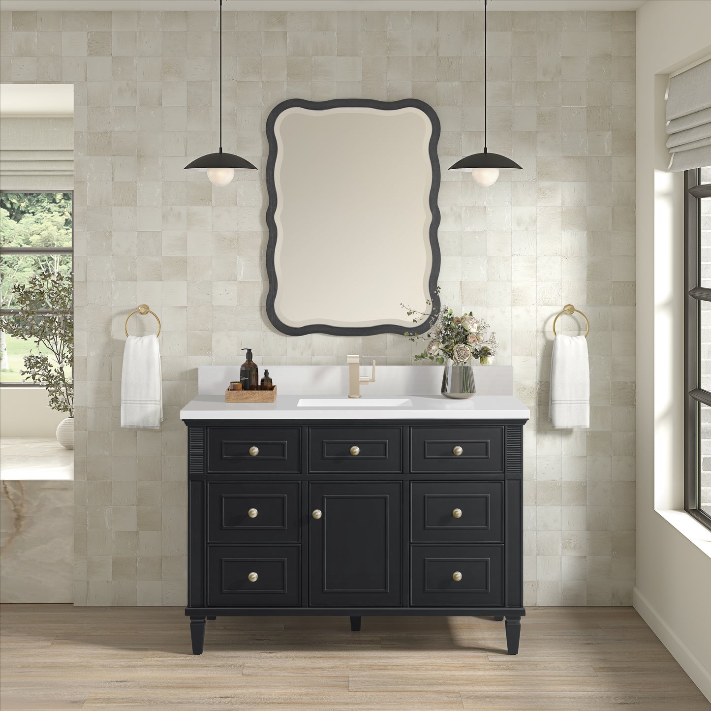 Renovate for Less Atlanta Lorelai 48" Single Vanity, Black Onyx w/ Single Hole 3 CM White Zeus Silestone Top & Backsplash