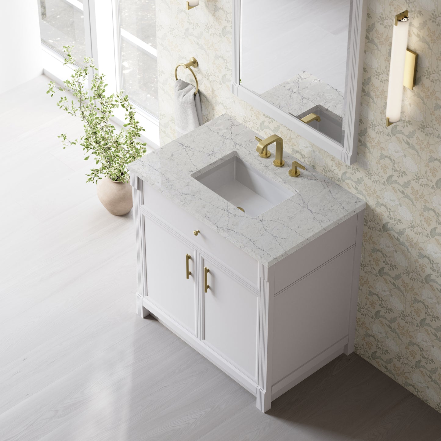 Renovate for Less Atlanta Bellshire 36" Single Vanity, Bright White w/ 3 CM Eternal Jasmine Pearl Silestone Top