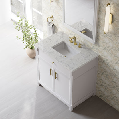 Renovate for Less Atlanta Bellshire 36" Single Vanity, Bright White w/ 3 CM Eternal Jasmine Pearl Silestone Top