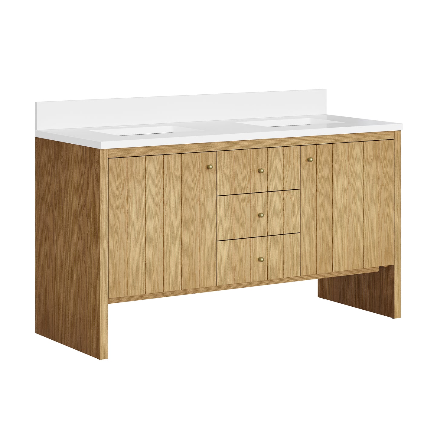 Renovate for Less Atlanta Hudson 60" Double Vanity, Light Natural Oak w/ Single Hole 3 CM White Zeus Top & Backsplash
