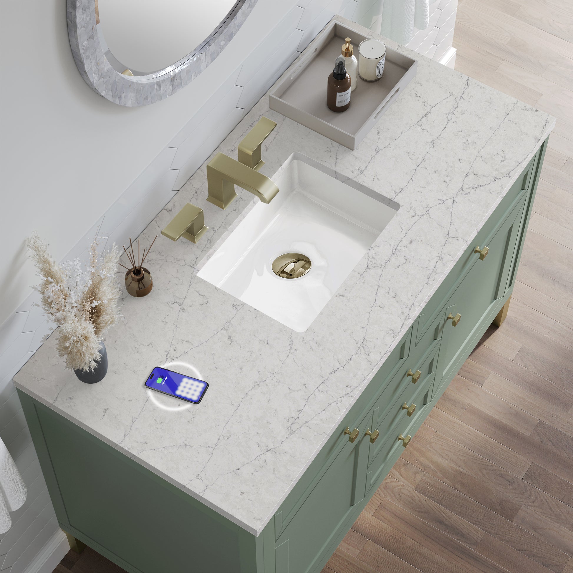 Renovate for Less Atlanta Chicago 48" Single Vanity, Smokey Celadon, w/ 3 CM Eternal Jasmine Pearl Silestone® Top w/FreePower Wireless Charger