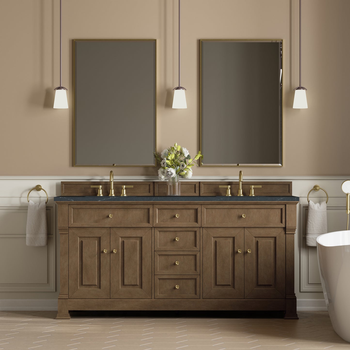 Renovate for Less Atlanta Brookfield 72" Double Vanity, Pecan, w/ 3 CM Charcoal Soapstone Silestone Top
