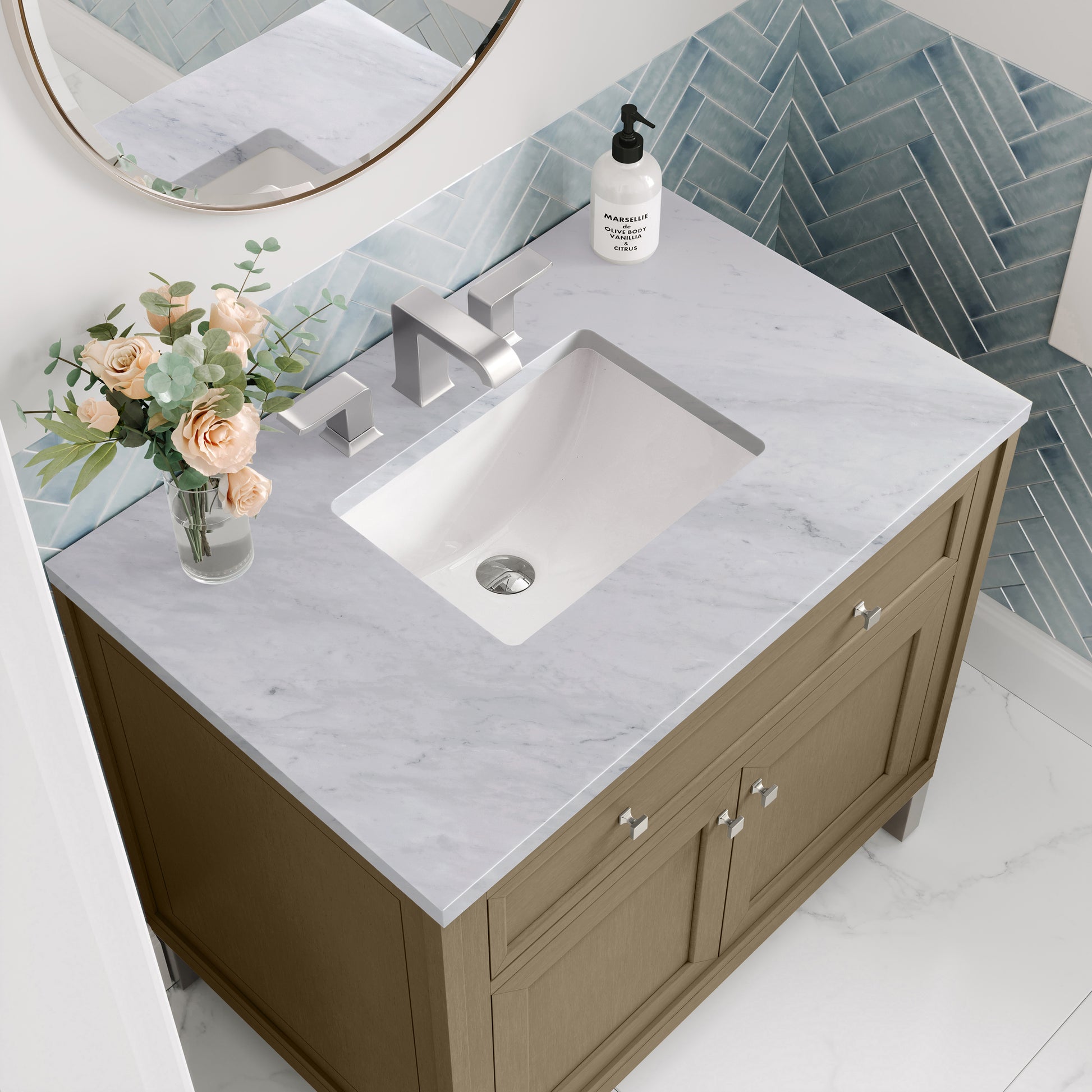 Renovate for Less Atlanta Chicago 36" Single Vanity, Walnut Whisper, w/ 3 CM Carrara Marble Top