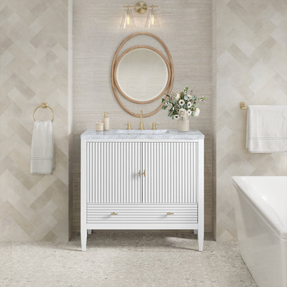 Renovate for Less Atlanta Myrrin 36" Vanity, Bright White w/ 3 CM Carrara White Marble Top