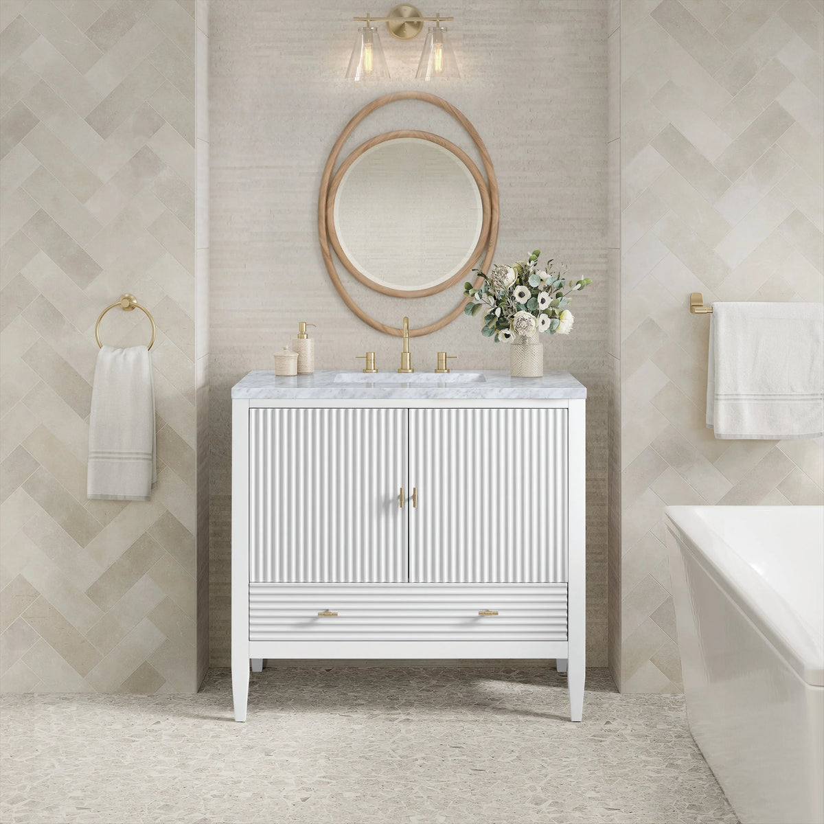 Myrrin 36" Vanity, Bright White w/ 3 CM Carrara White Marble Top