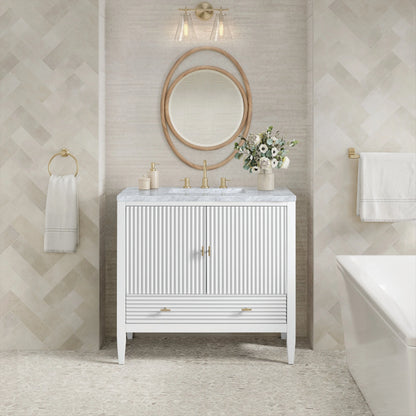 Myrrin 36" Vanity, Bright White w/ 3 CM Carrara White Marble Top