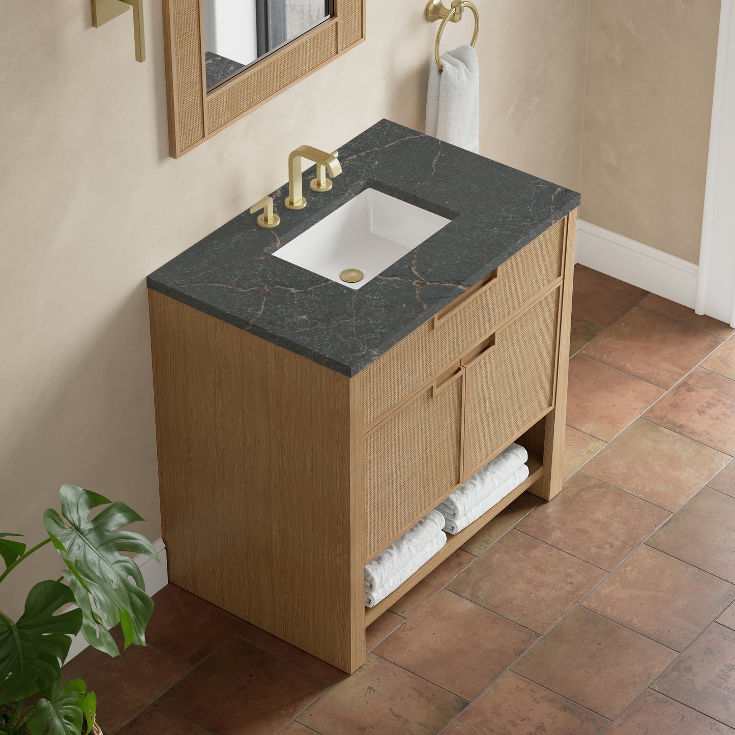 Renovate for Less Atlanta Solene 36" Single Vanity, Seaside Oak, w/ 3 CM Parisien Bleu Quartz Top