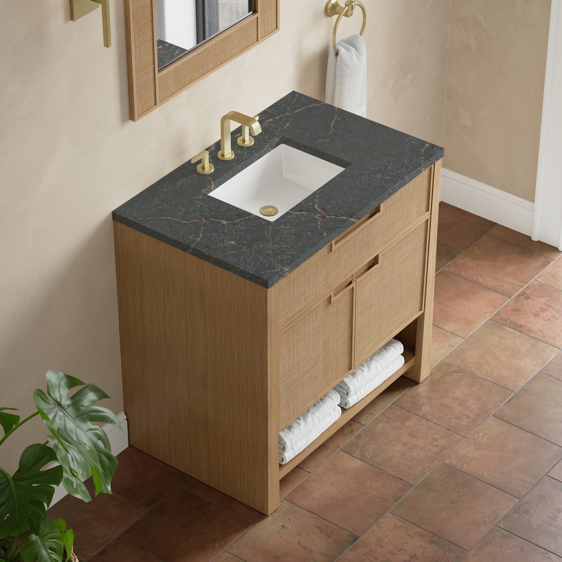 Renovate for Less Atlanta Solene 36" Single Vanity, Seaside Oak, w/ 3 CM Parisien Bleu Quartz Top
