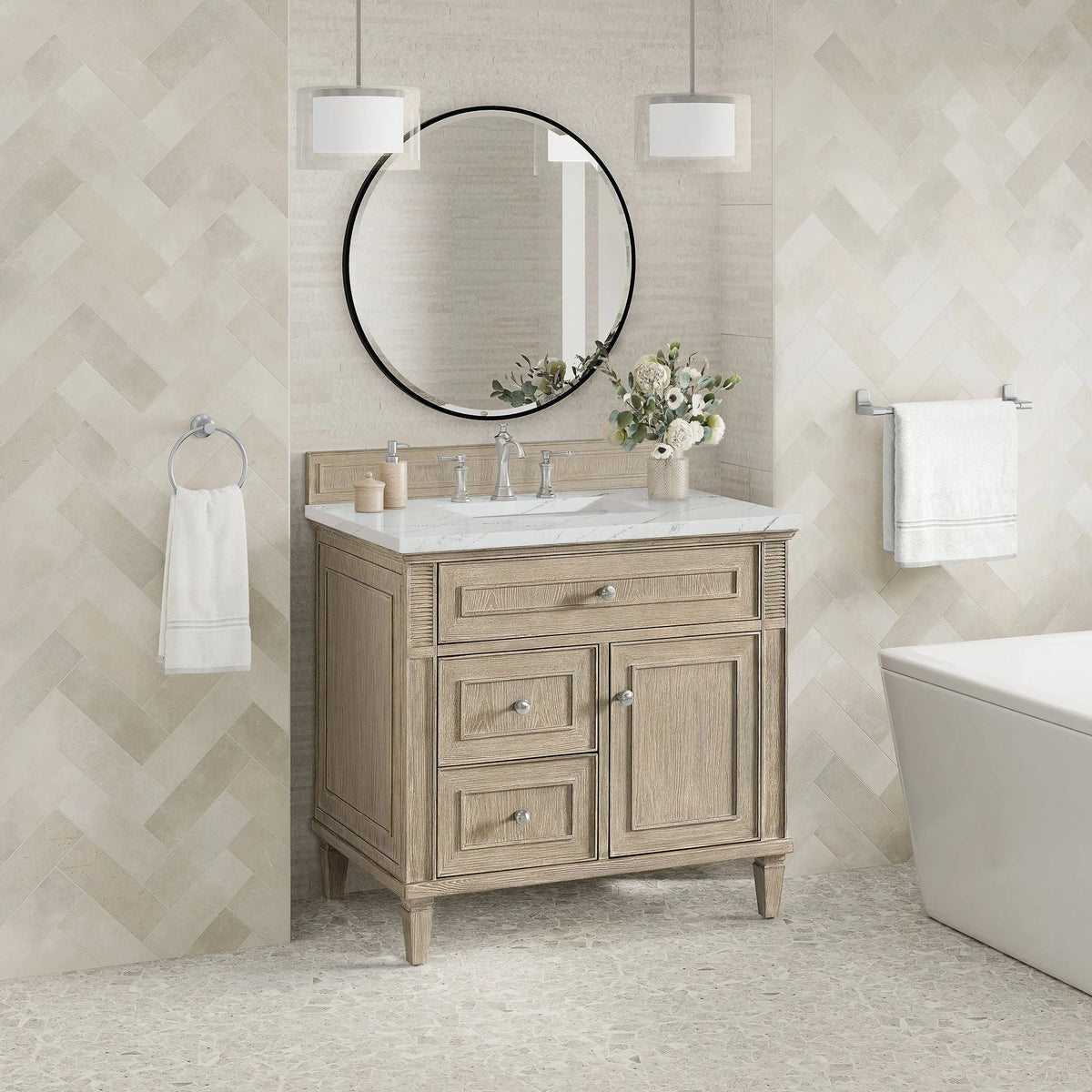 Lorelai 36" Single Vanity, Whitewashed Oak w/ 3 CM Ethereal Noctis Silestone Top