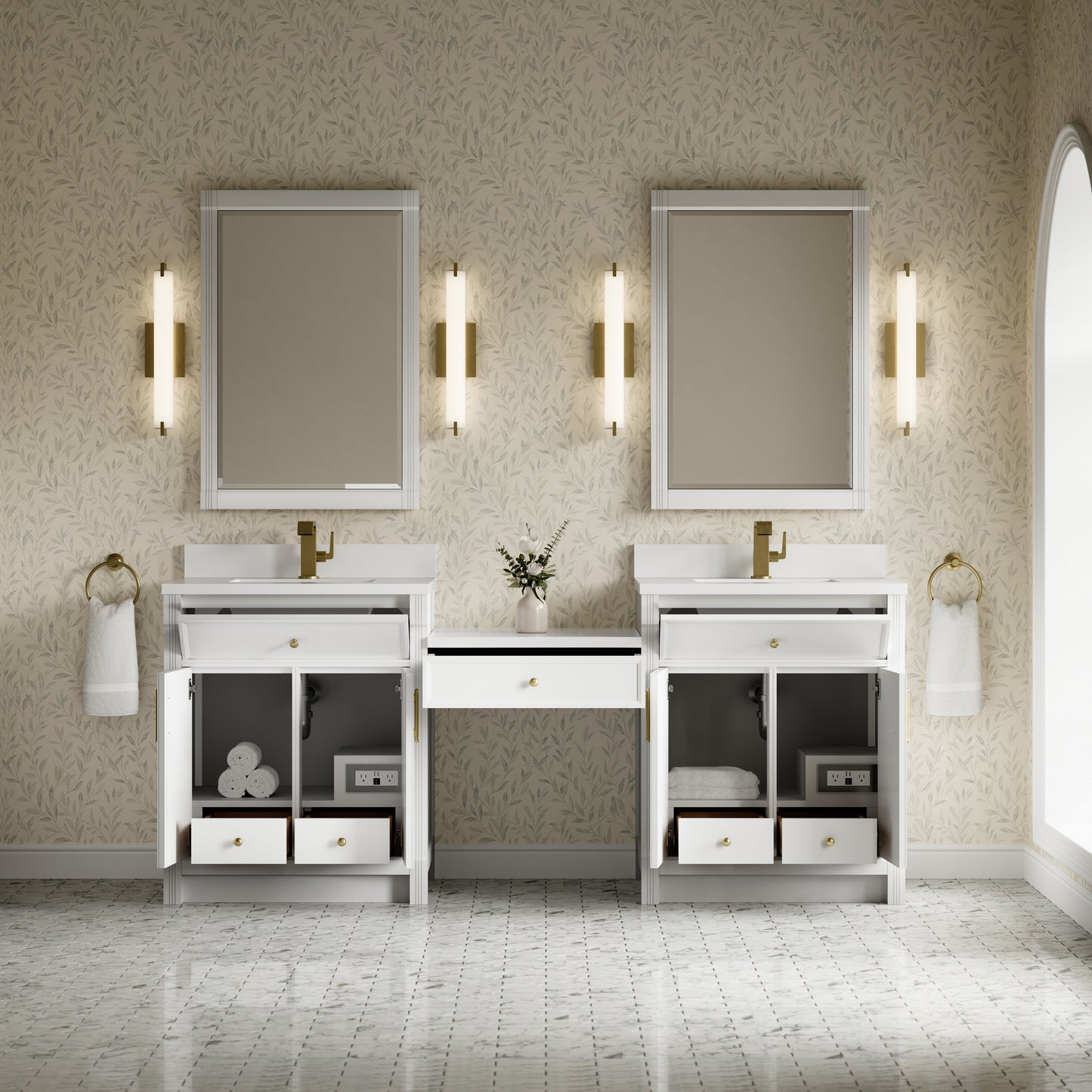 Renovate for Less Atlanta Bellshire 84" Dual Vanity Set with 24" Make-Up Counter, Bright White w/Single Hole 3 cm White Zeus Silestone Top & Backsplash