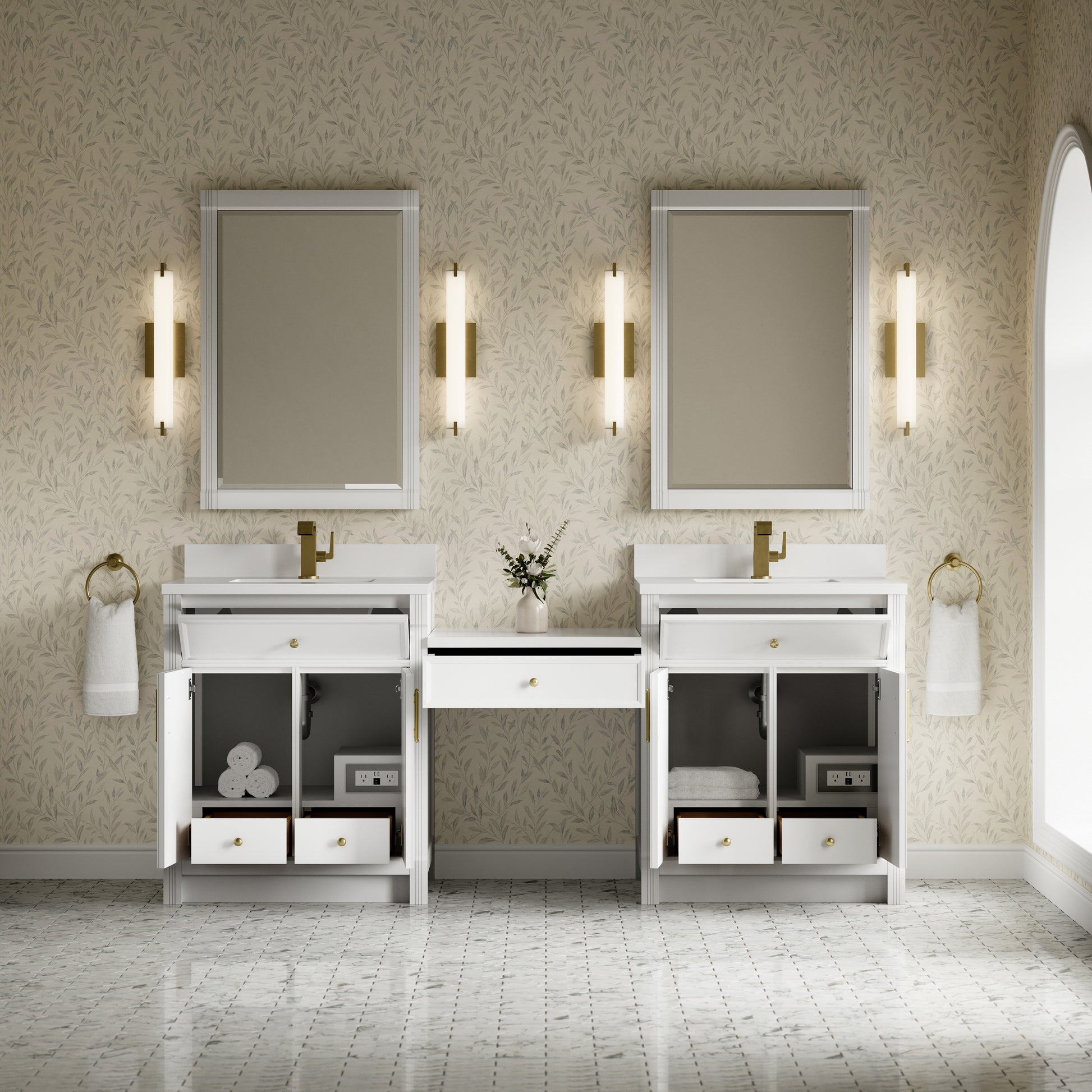 Renovate for Less Atlanta Bellshire 84" Dual Vanity Set with 24" Make-Up Counter, Bright White w/Single Hole 3 cm White Zeus Silestone Top & Backsplash