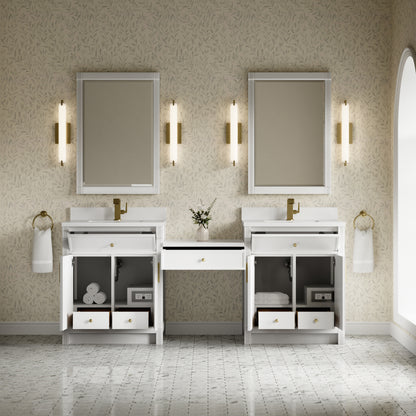 Renovate for Less Atlanta Bellshire 84" Dual Vanity Set with 24" Make-Up Counter, Bright White w/Single Hole 3 cm White Zeus Silestone Top & Backsplash