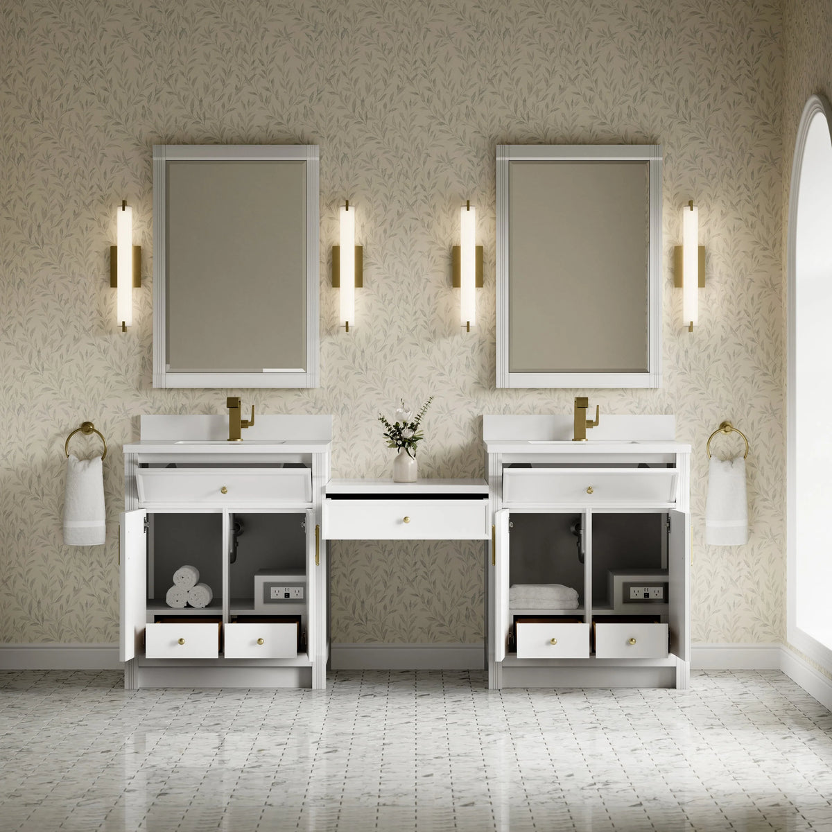 Bellshire 84" Dual Vanity Set with 24" Make-Up Counter, Bright White w/Single Hole 3 cm White Zeus Silestone Top & Backsplash