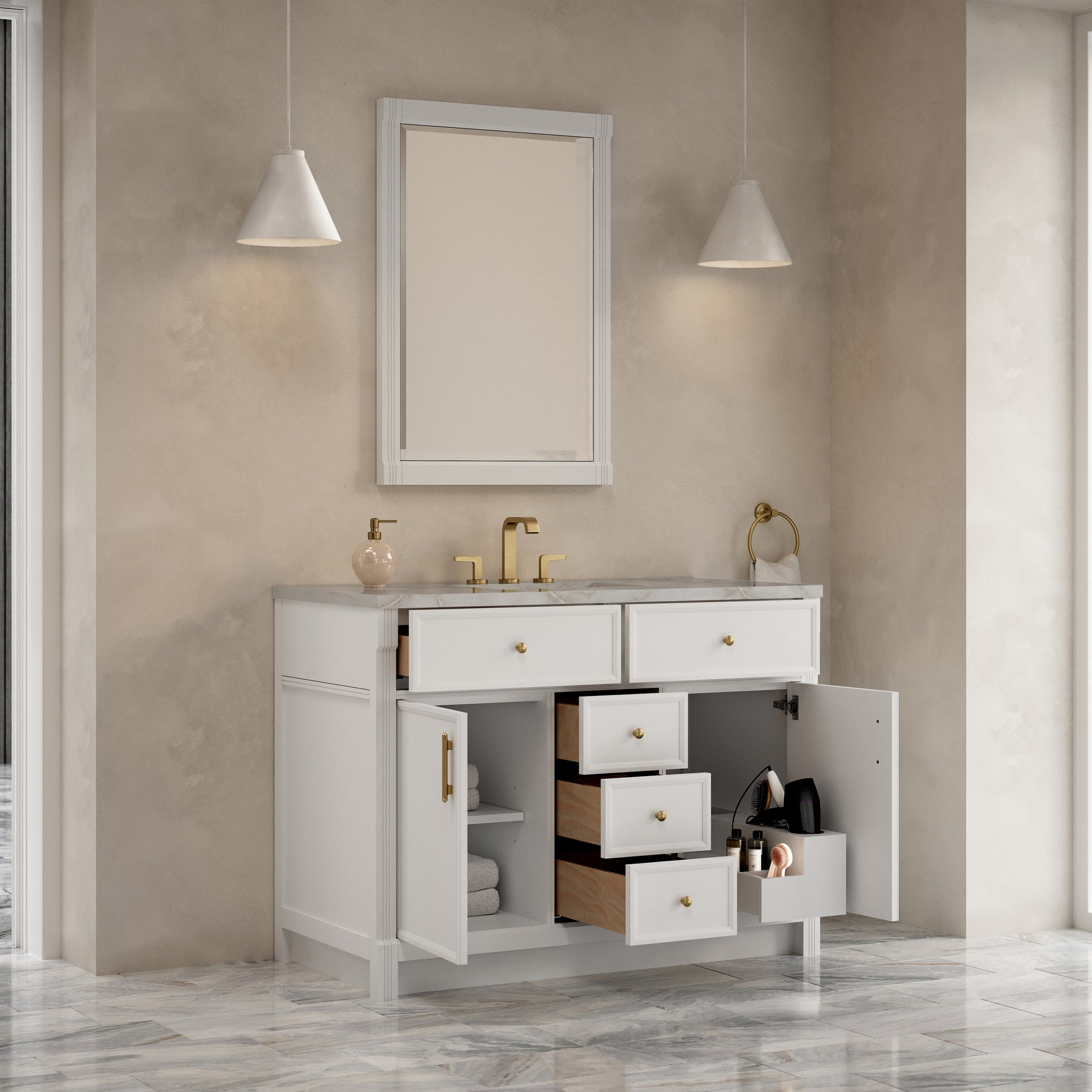 Renovate for Less Atlanta Bellshire 48" Single Vanity, Bright White w/ 3 CM Victorian Silver Silestone Top w/FreePower Wireless Charger