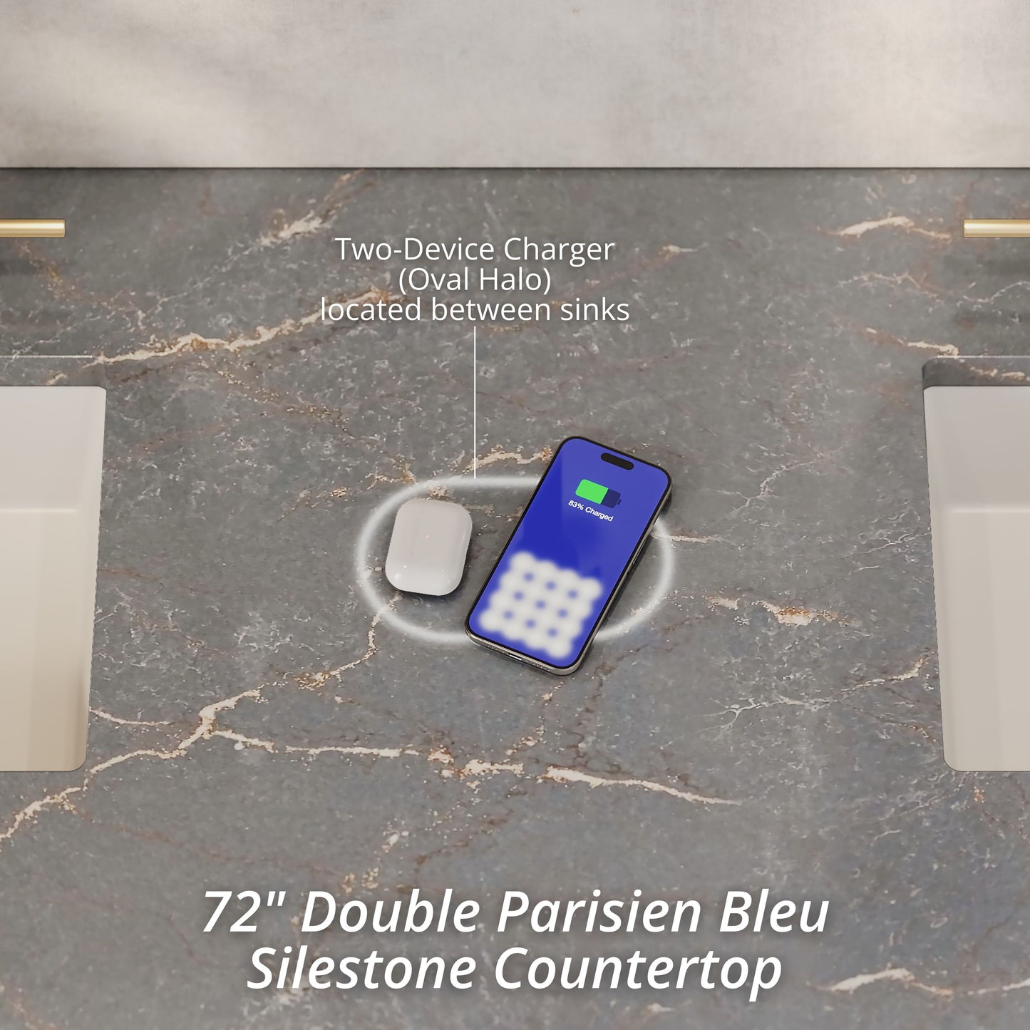 Renovate for Less Atlanta Marcello 72" Double Vanity, Chestnut w/ 3 CM Parisien Bleu Top w/FreePower Wireless Charger