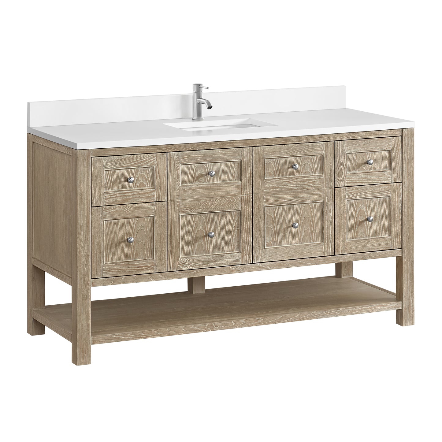 Renovate for Less Atlanta Breckenridge 60" Single Vanity, Whitewashed Oak, w/ Single Hole 3 CM White Zeus Quartz Top & Backsplash