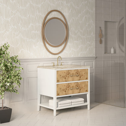 Renovate for Less Atlanta Olena 36" Single Vanity, Light Mappa Burl and Polished White, w/ 3 CM Tajnar Eclos Top