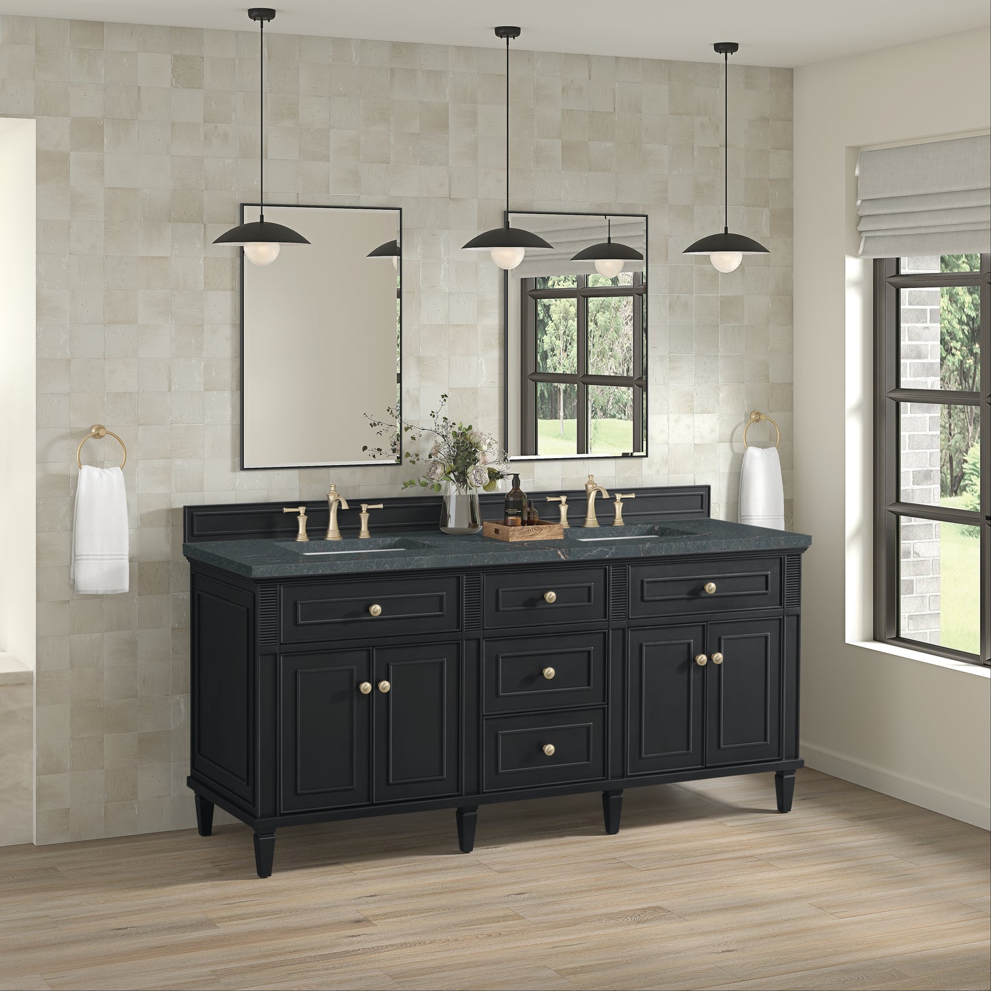 Renovate for Less Atlanta Lorelai 72" Double Vanity, Black Onyx w/ 3 CM Parisien Bleu Silestone Top w/FreePower Wireless Charger
