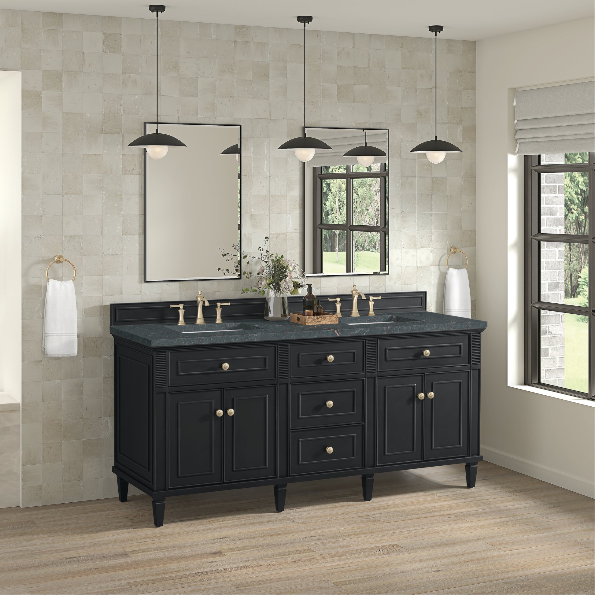 Renovate for Less Atlanta Lorelai 72" Double Vanity, Black Onyx w/ 3 CM Parisien Bleu Silestone Top
