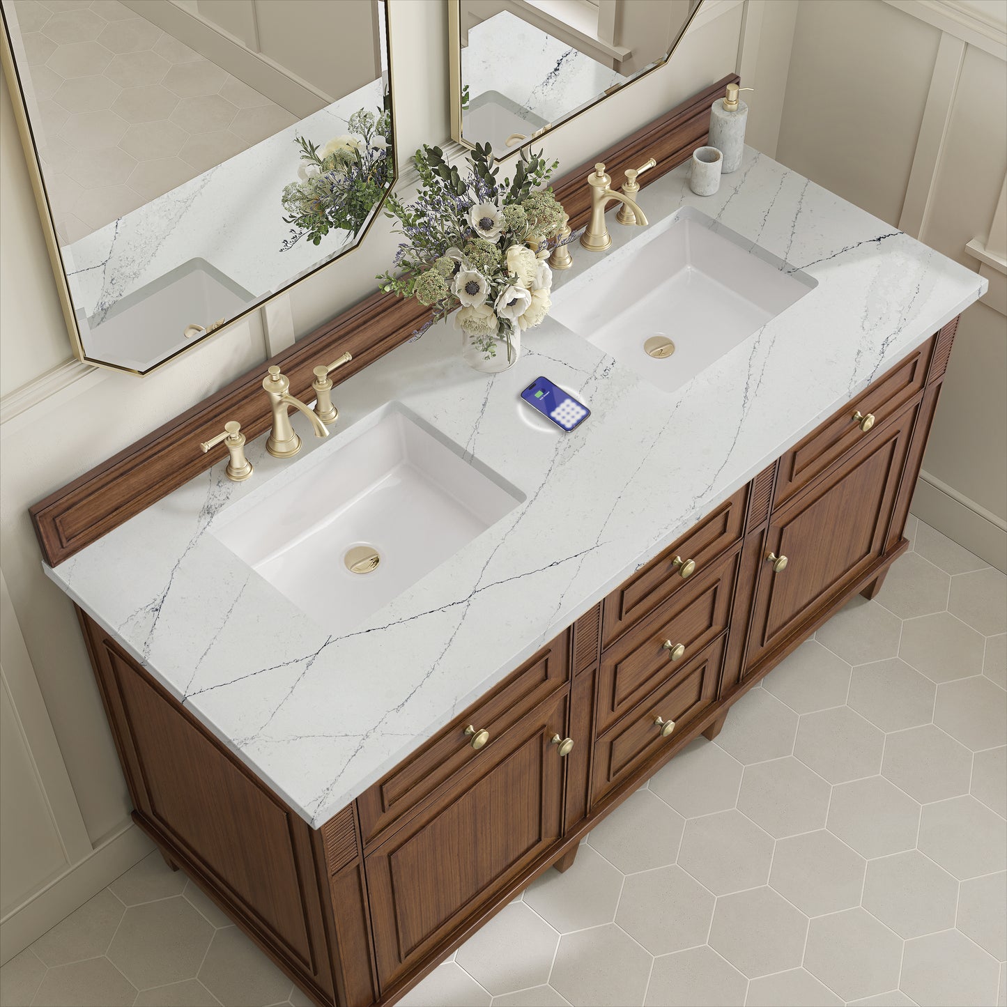 Renovate for Less Atlanta Lorelai 60" Double Vanity, Mid-Century Walnut w/ 3 CM Ethereal Noctis Silestone Top w/FreePower Wireless Charger