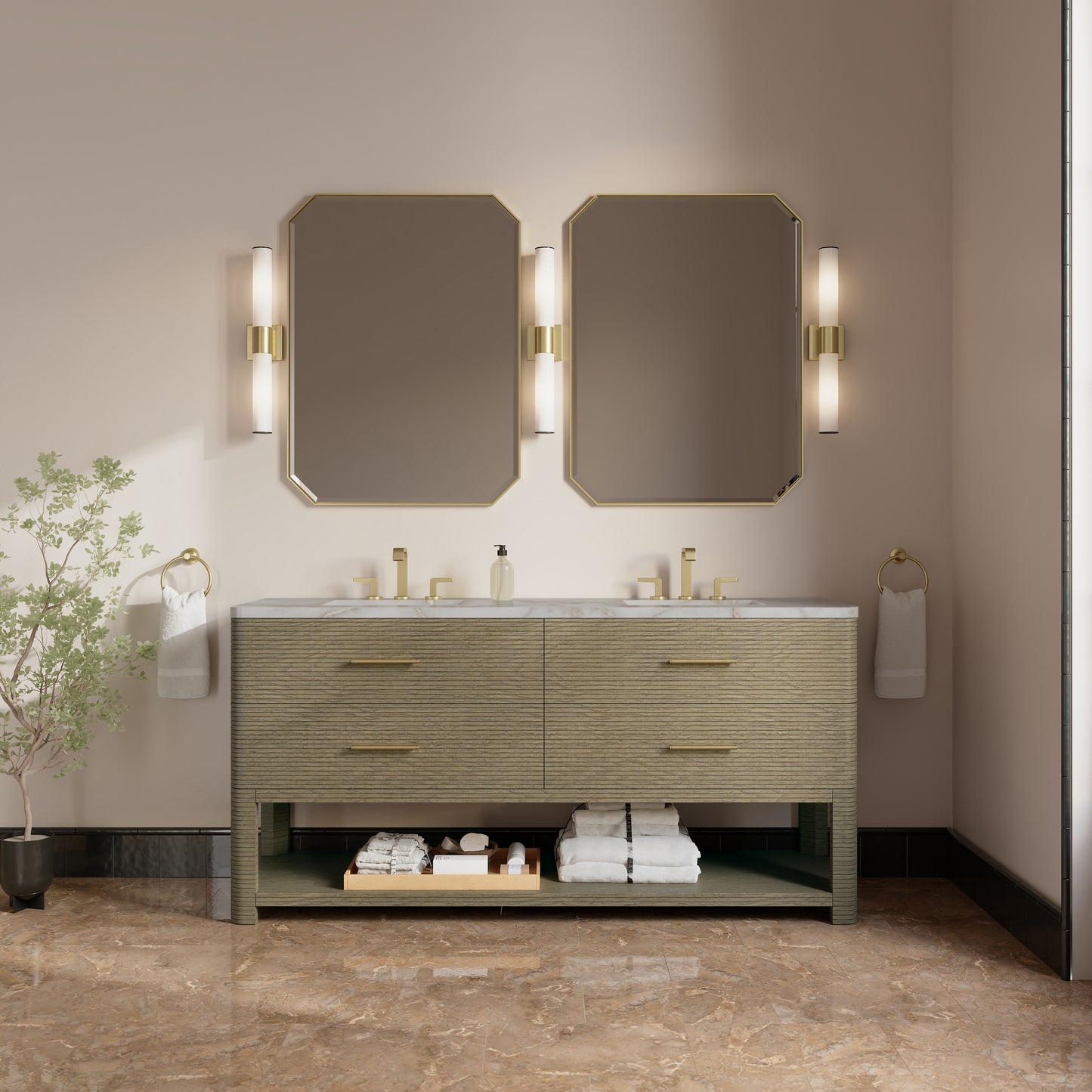 Renovate for Less Atlanta Lucian 72" Double Vanity, Pebble Oak w/ 3 CM Victorian Silver Silestone Top w/FreePower Wireless Charger