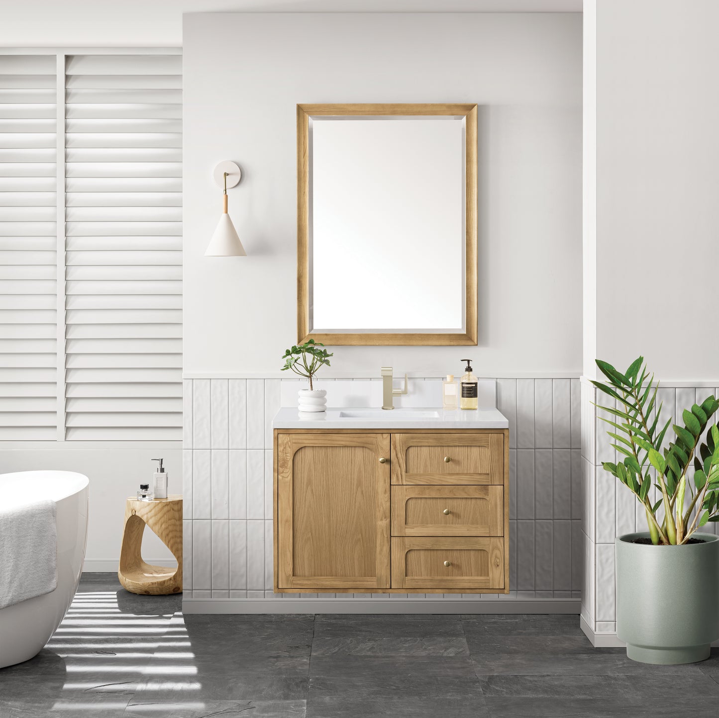 Renovate for Less Atlanta Laurent 36" Single Vanity, Light Natural Oak w/ Single Hole 3 CM White Zeus Top & Backsplash