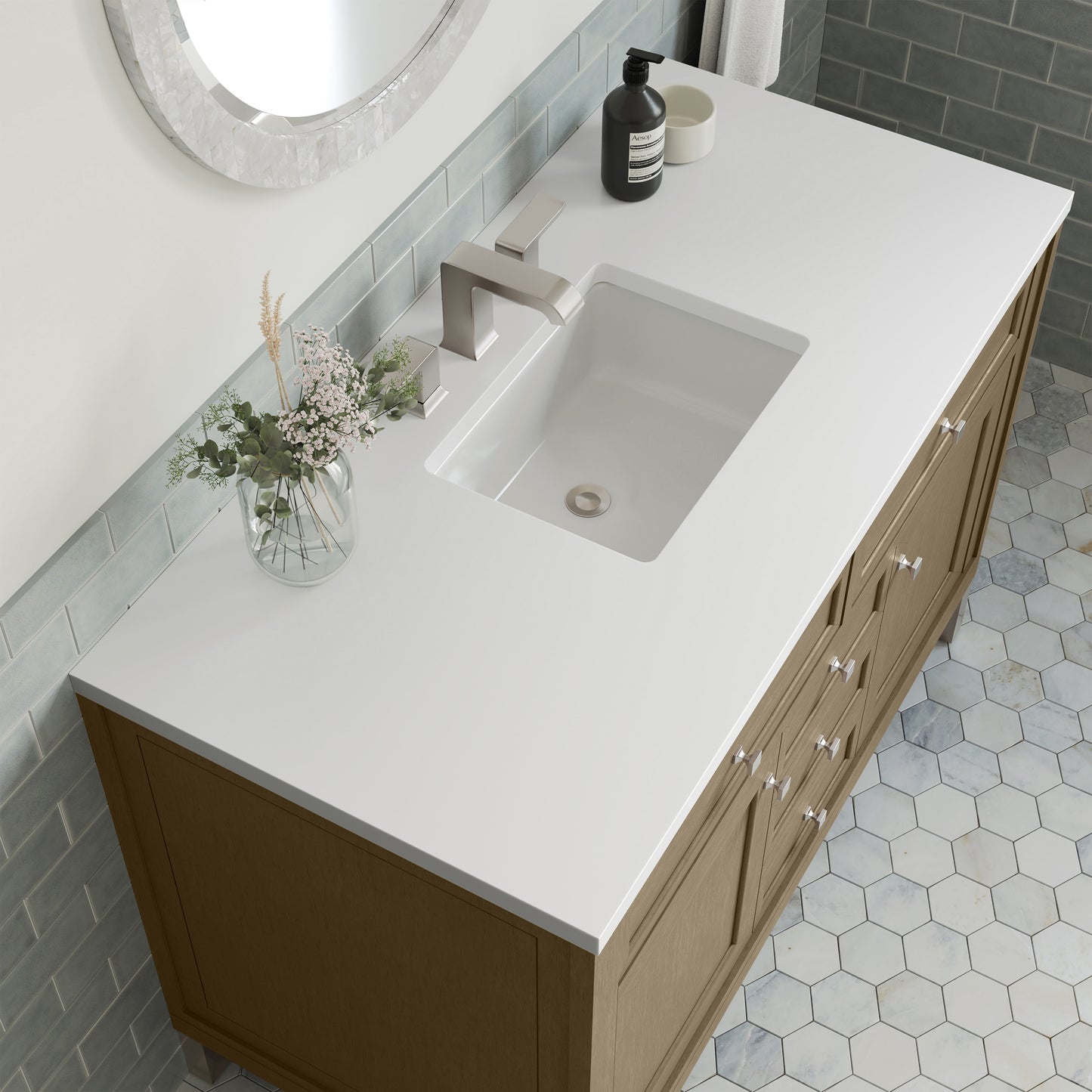 Renovate for Less Atlanta Chicago 48" Single Vanity, Walnut Whisper, w/ 3 CM White Zeus Silestone® Top