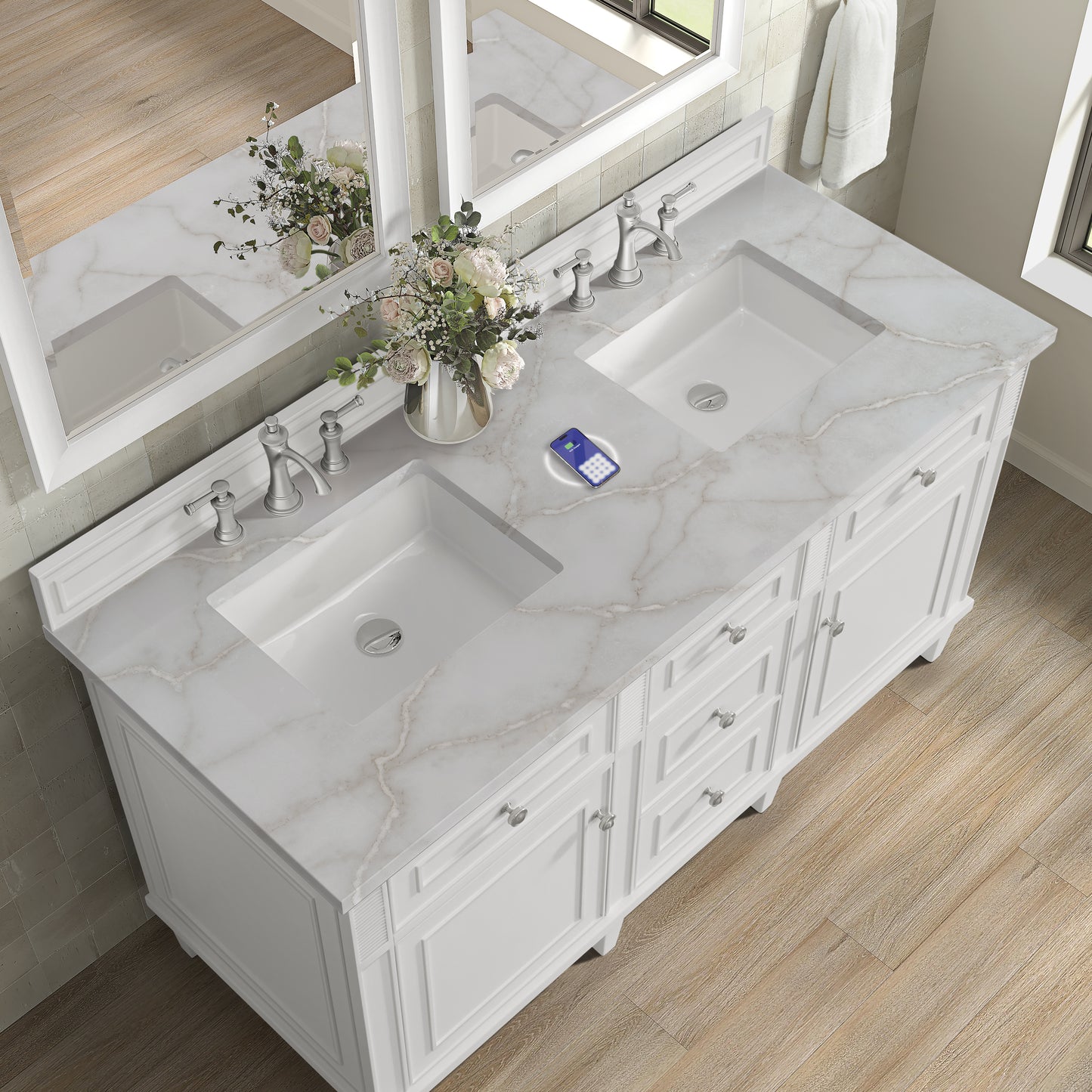Renovate for Less Atlanta Lorelai 60" Double Vanity, Bright White w/ 3 CM Victorian Silver Silestone Top w/FreePower Wireless Charger