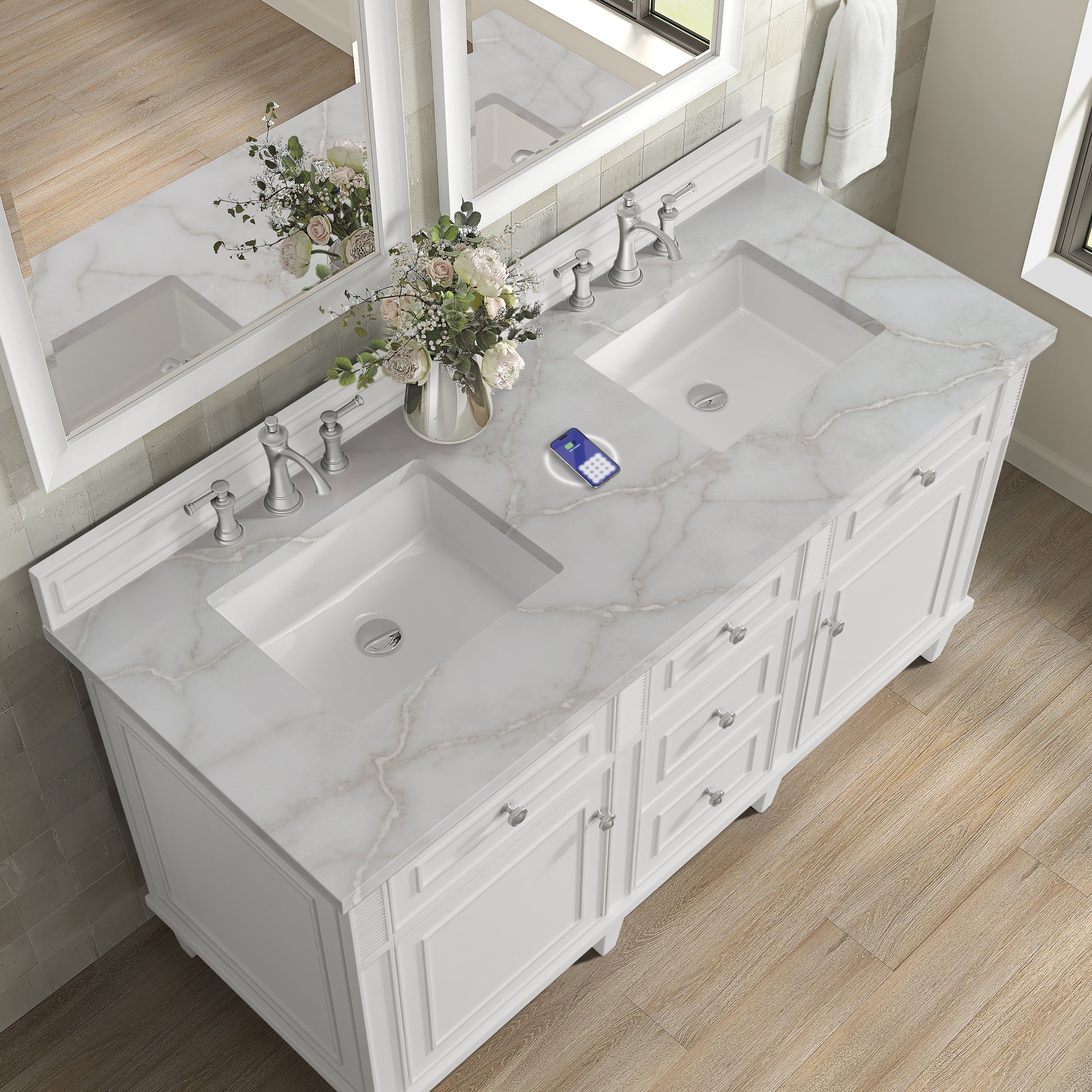 Renovate for Less Atlanta Lorelai 60" Double Vanity, Bright White w/ 3 CM Victorian Silver Silestone Top w/FreePower Wireless Charger