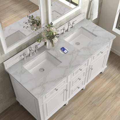 Renovate for Less Atlanta Lorelai 60" Double Vanity, Bright White w/ 3 CM Victorian Silver Silestone Top w/FreePower Wireless Charger