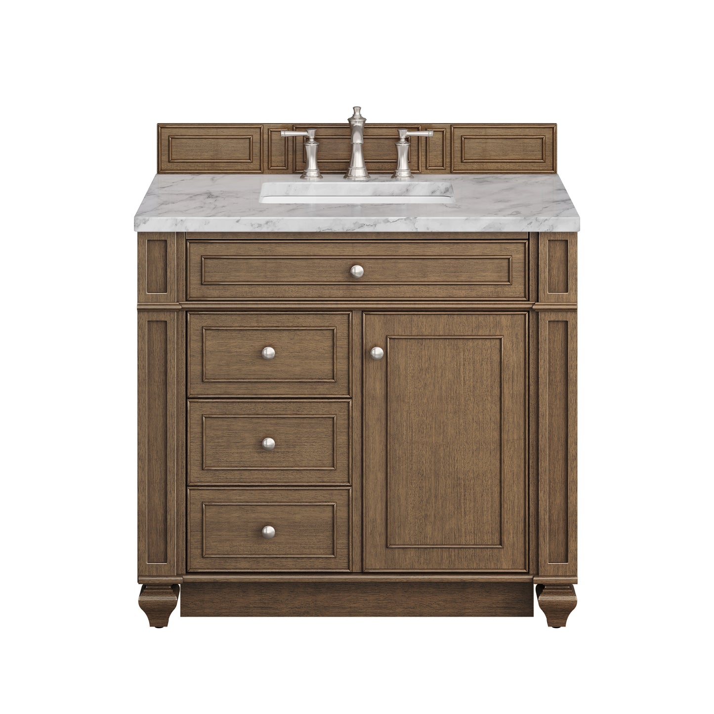 Renovate for Less Atlanta Bristol 36" Single Vanity, Saddle Brown w/ 3 CM Carrara Marble Top