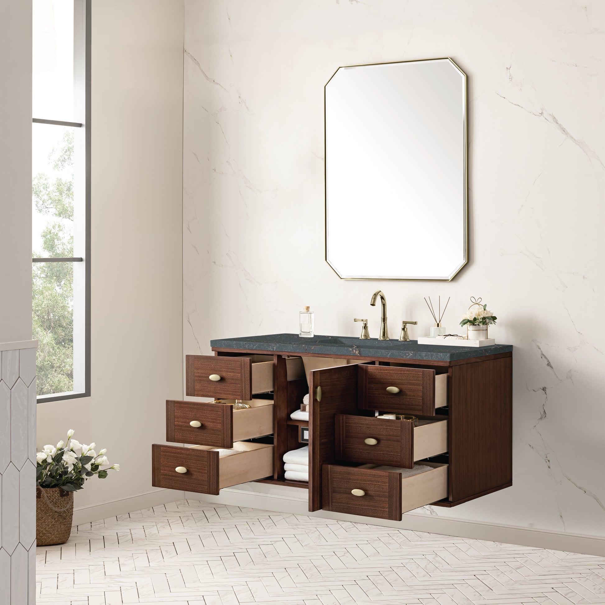 Renovate for Less Atlanta Amberly 48" Single Vanity, Mid-Century Walnut w/ 3 CM Parisien Bleu Top