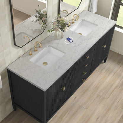 Renovate for Less Atlanta Myrrin 72" Double Vanity, Carbon Oak w/ 3 CM Eternal Jasmine Pearl Silestone Top w/FreePower Wireless Charger