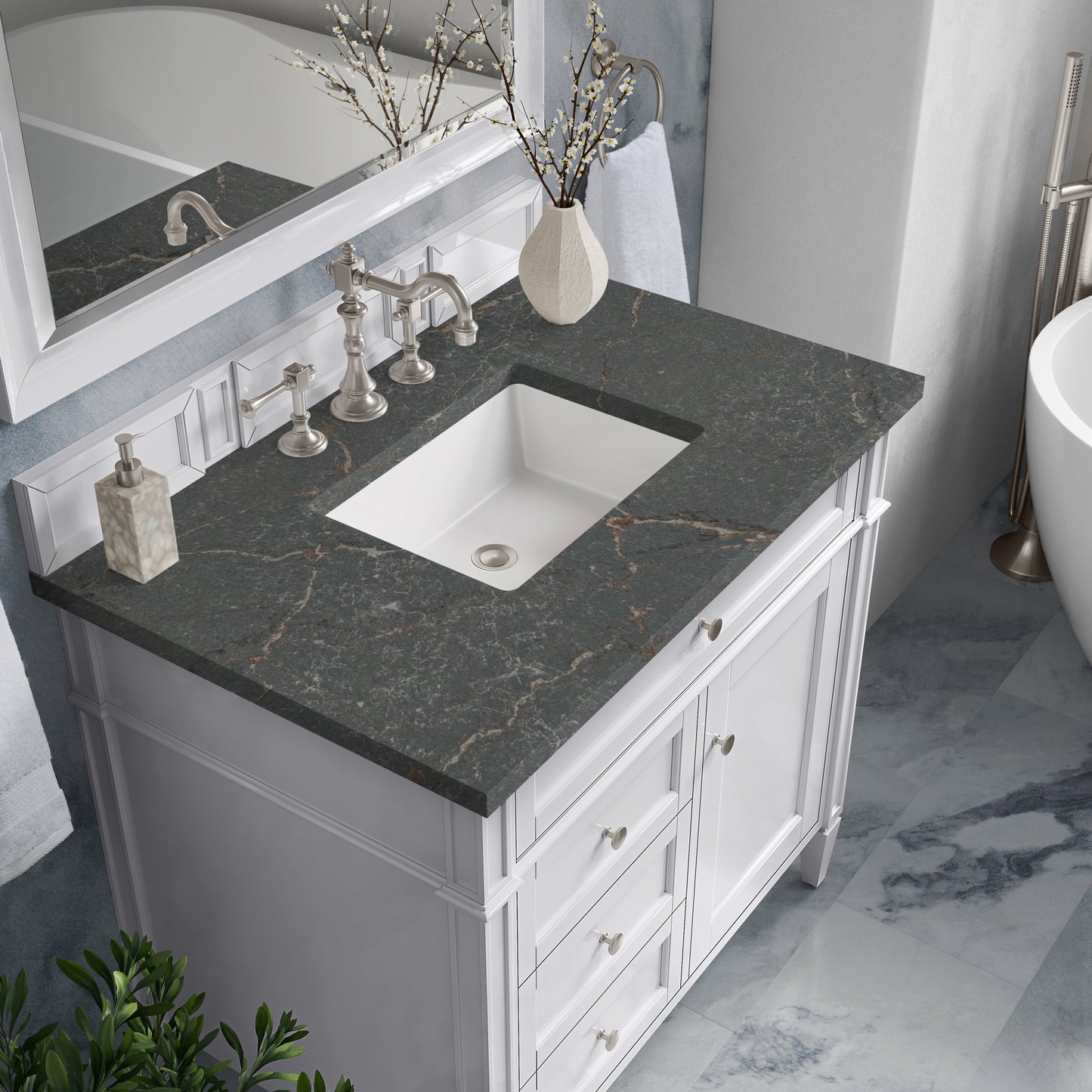Renovate for Less Atlanta Brittany 36" Single Vanity, Bright White w/ 3 CM Parisien Bleu Silestone Top