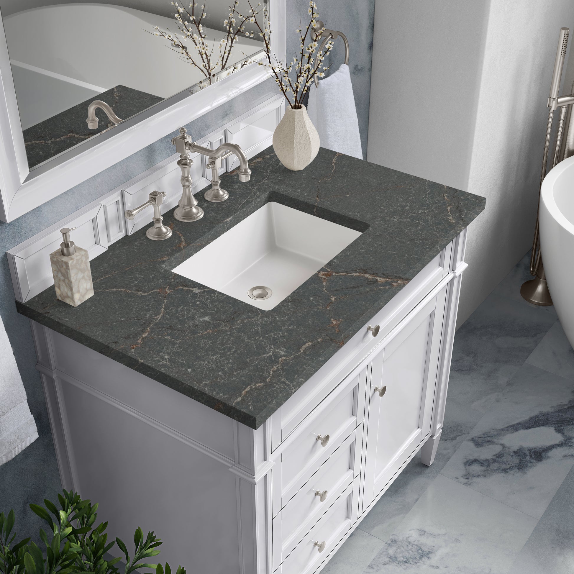 Renovate for Less Atlanta Brittany 36" Single Vanity, Bright White w/ 3 CM Parisien Bleu Silestone Top