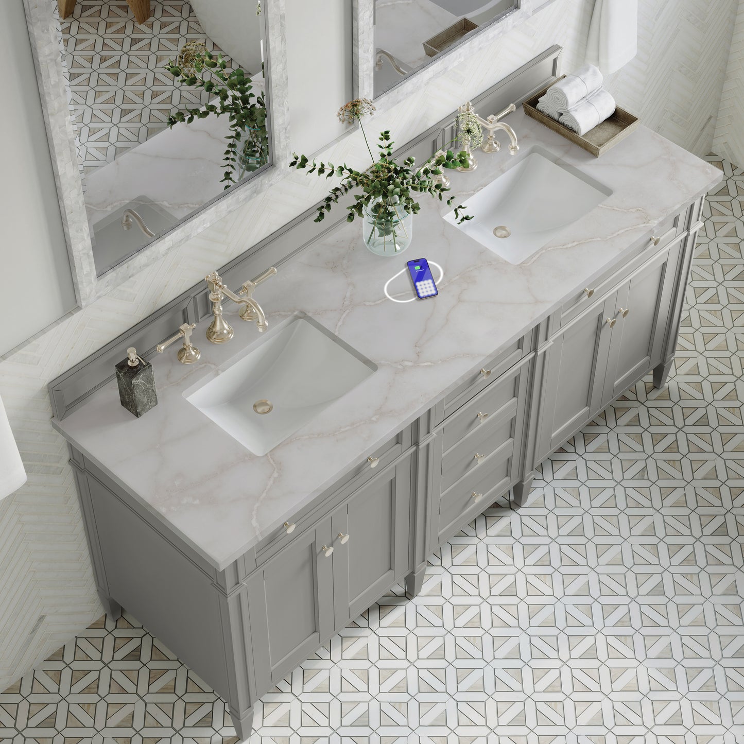 Renovate for Less Atlanta Brittany 72" Double Vanity, Urban Gray w/ 3 CM Victorian Silver Silestone Top w/FreePower Wireless Charger