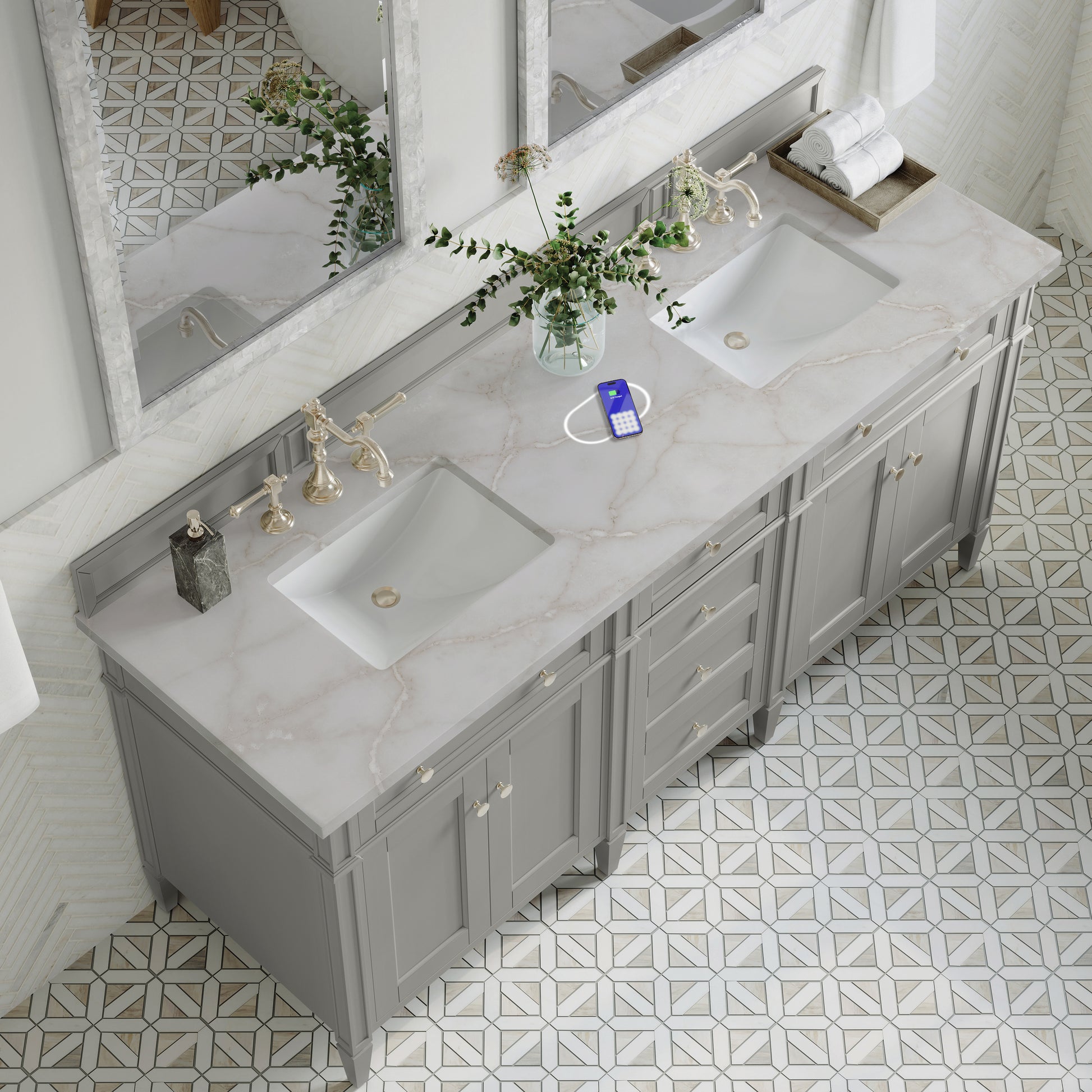 Renovate for Less Atlanta Brittany 72" Double Vanity, Urban Gray w/ 3 CM Victorian Silver Silestone Top w/FreePower Wireless Charger