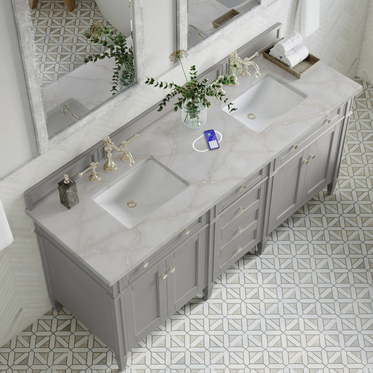 Brittany 72" Double Vanity, Urban Gray w/ 3 CM Victorian Silver Silestone Top w/FreePower Wireless Charger