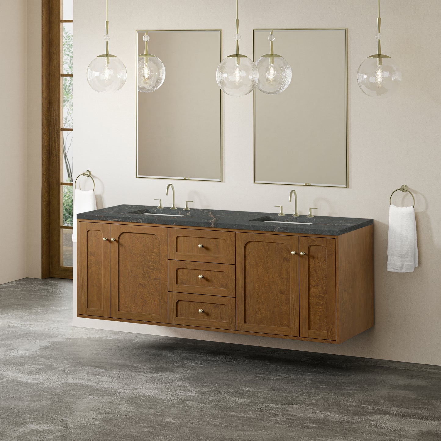 Renovate for Less Atlanta Laurent 72" Double Vanity, Honey Oak w/ 3 CM Parisien Bleu Silestone Top w/FreePower Wireless Charger