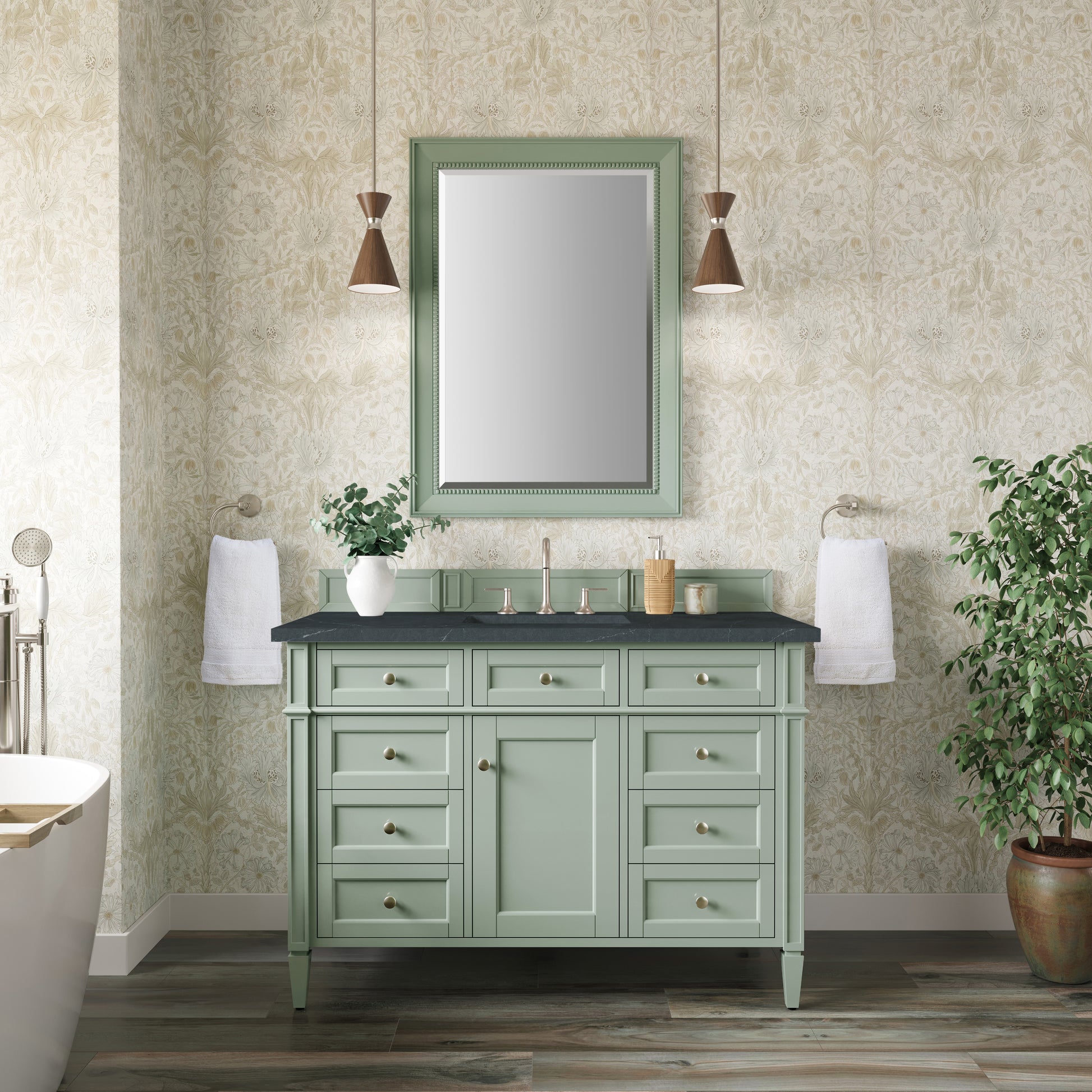Renovate for Less Atlanta Brittany 48" Single Vanity, Sage Green w/ 3 CM Charcoal Soapstone Silestone Top