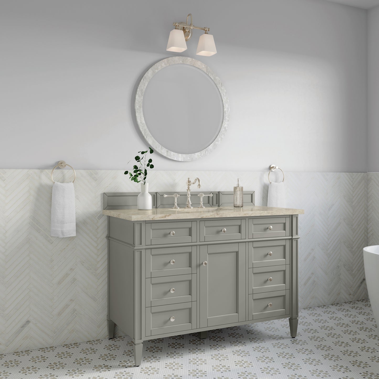 Renovate for Less Atlanta Brittany 48" Single Vanity, Urban Gray, w/ 3 CM Tajnar Eclos Top w/FreePower Wireless Charger