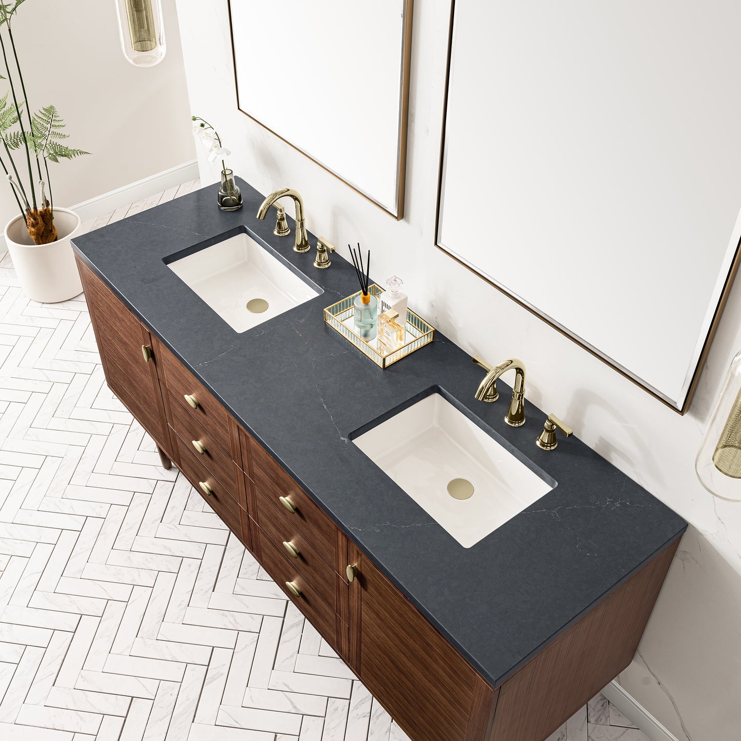 Renovate for Less Atlanta Amberly 72" Double Vanity, Mid-Century Walnut w/ 3 CM Charcoal Soapstone Top