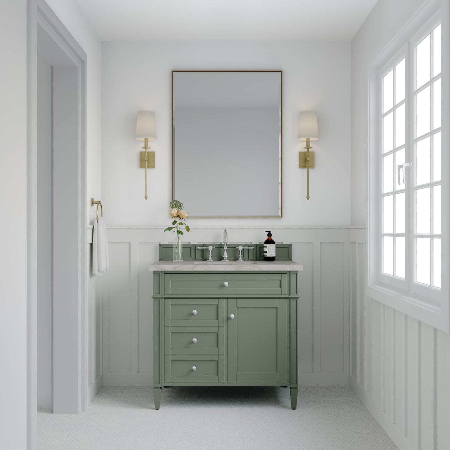 Renovate for Less Atlanta Brittany 36" Single Vanity, Smokey Celadon w/ 3 CM Victorian Silver Top