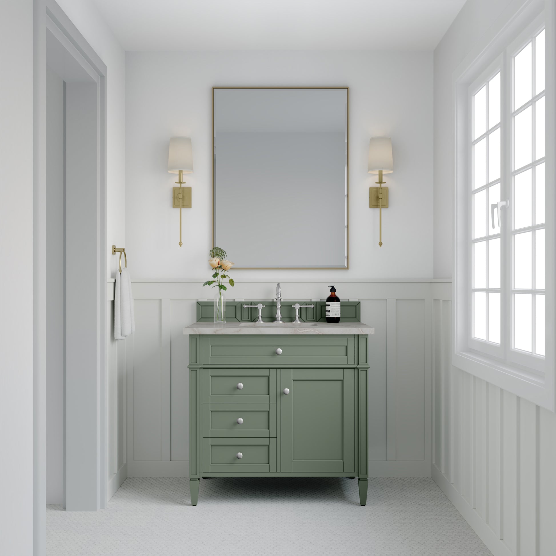 Renovate for Less Atlanta Brittany 36" Single Vanity, Smokey Celadon w/ 3 CM Victorian Silver Top