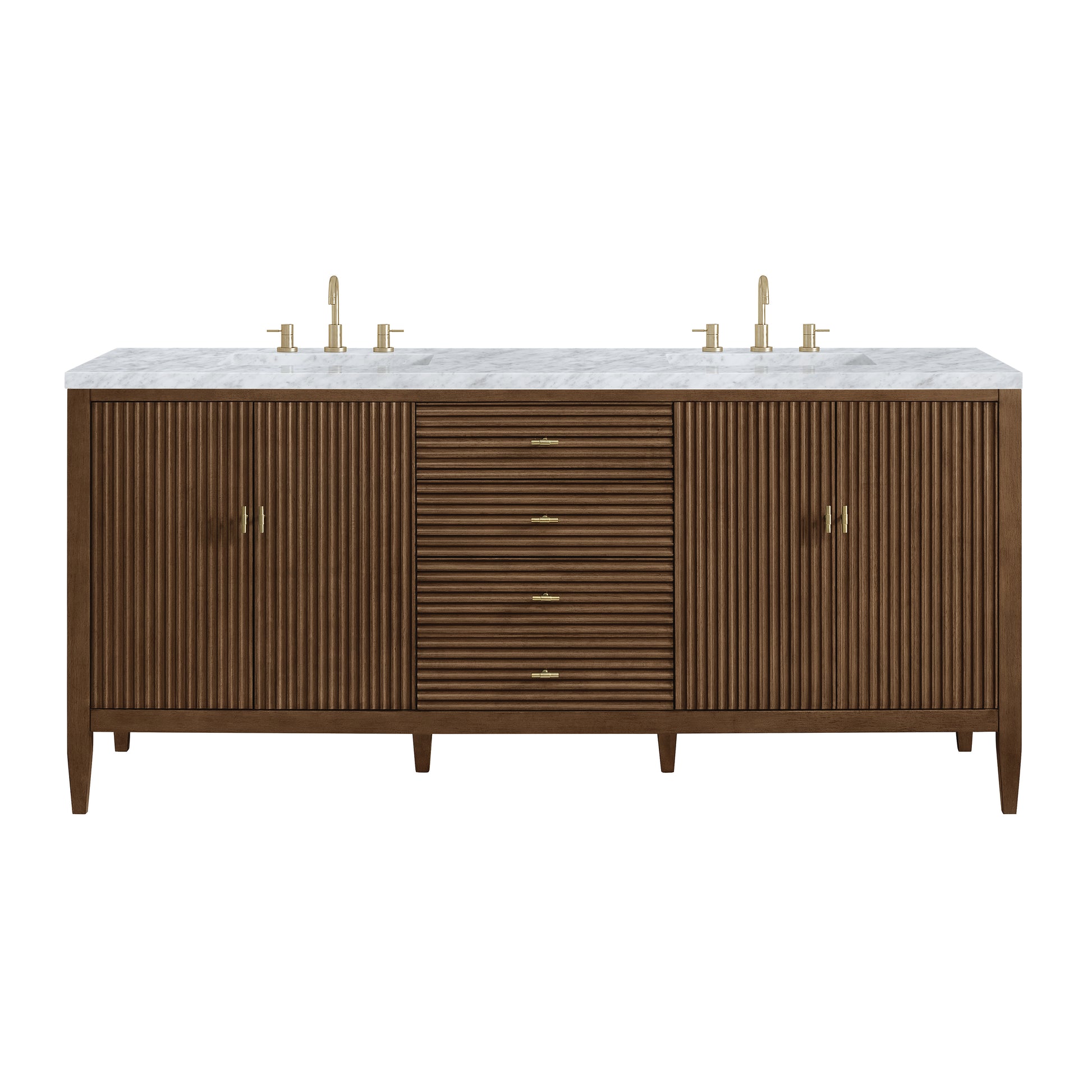 Renovate for Less Atlanta Myrrin 72" Double Vanity, Mid Century Walnut w/ 3 CM Carrara White Marble Top