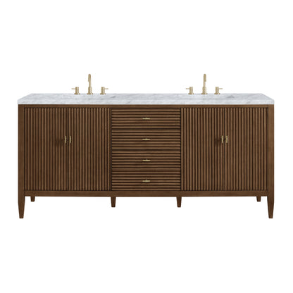 Renovate for Less Atlanta Myrrin 72" Double Vanity, Mid Century Walnut w/ 3 CM Carrara White Marble Top