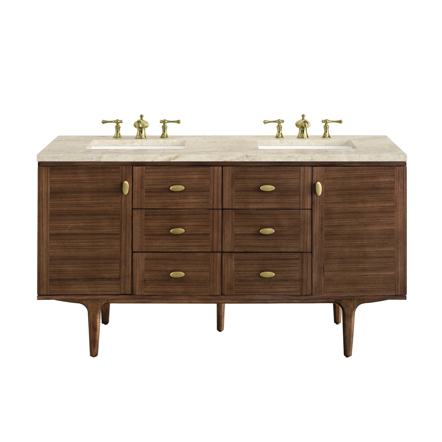 Renovate for Less Atlanta Amberly 60" Double Vanity, Mid-Century Walnut, w/ 3 CM Tajnar Eclos Top w/FreePower Wireless Charger