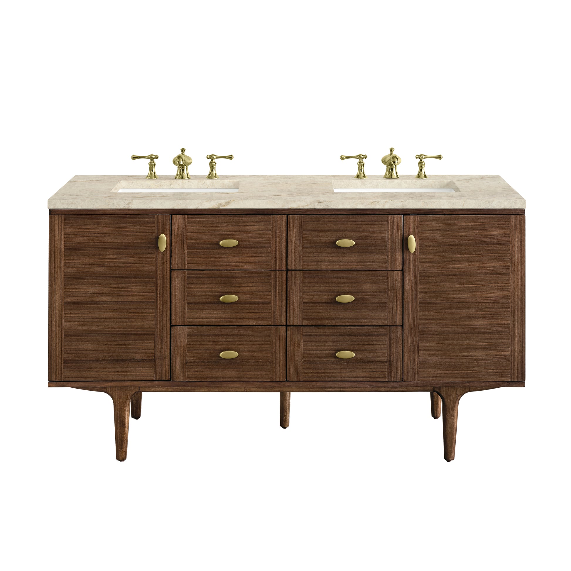 Renovate for Less Atlanta Amberly 60" Double Vanity, Mid-Century Walnut, w/ 3 CM Tajnar Eclos Top w/FreePower Wireless Charger