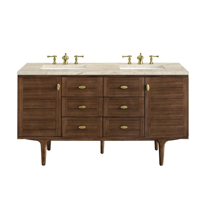 Renovate for Less Atlanta Amberly 60" Double Vanity, Mid-Century Walnut, w/ 3 CM Tajnar Eclos Top w/FreePower Wireless Charger